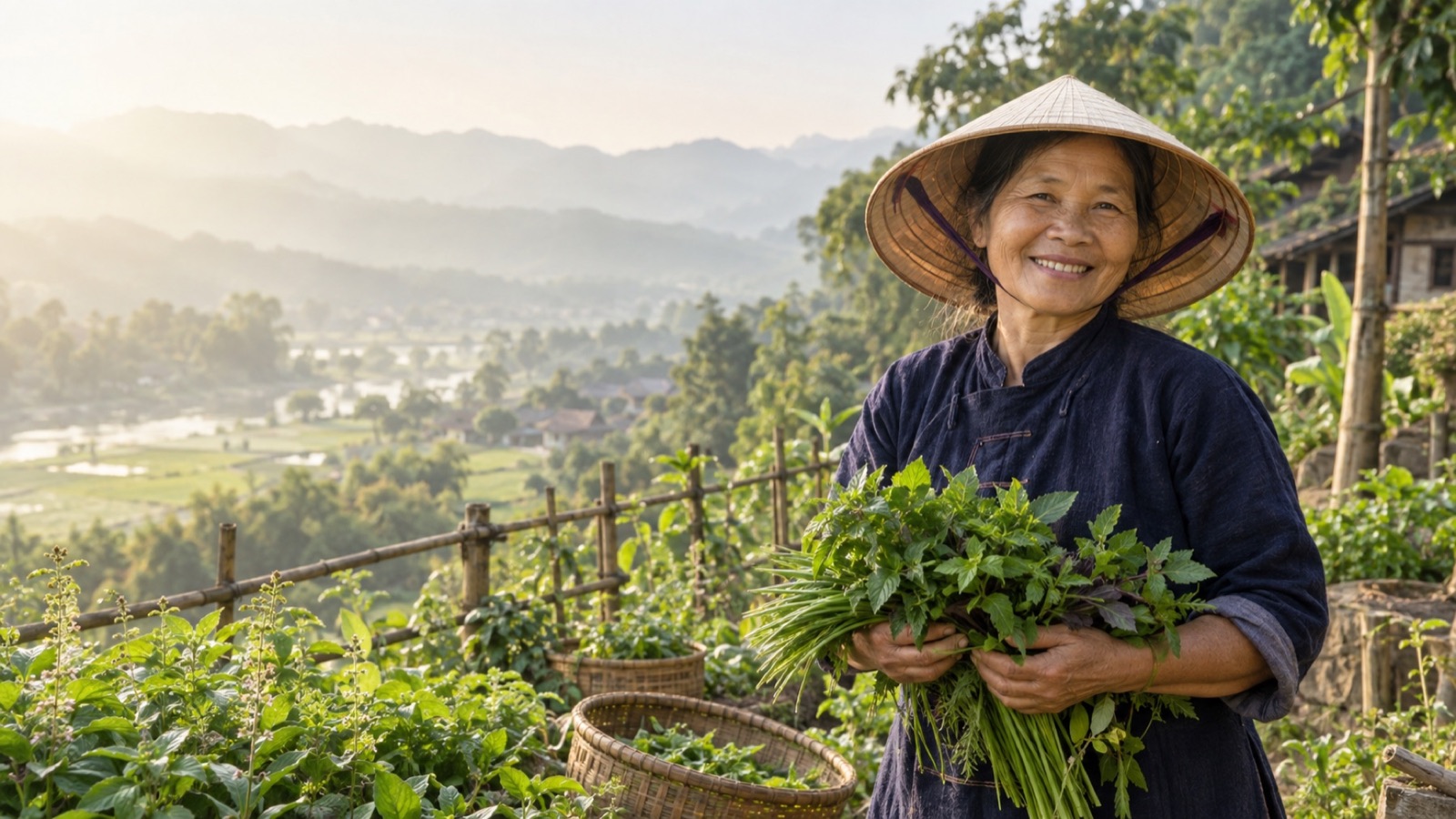 Nghệ nhân thu hoạch rau thơm tại vùng núi Việt Nam