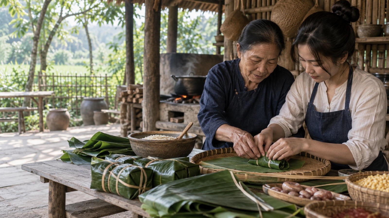 Nghệ nhân hướng dẫn người trẻ chuẩn bị món ăn truyền thống